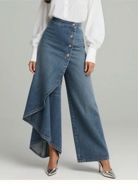 High-Waist Asymmetrical Wrap Wide-Leg Jeans - Blue